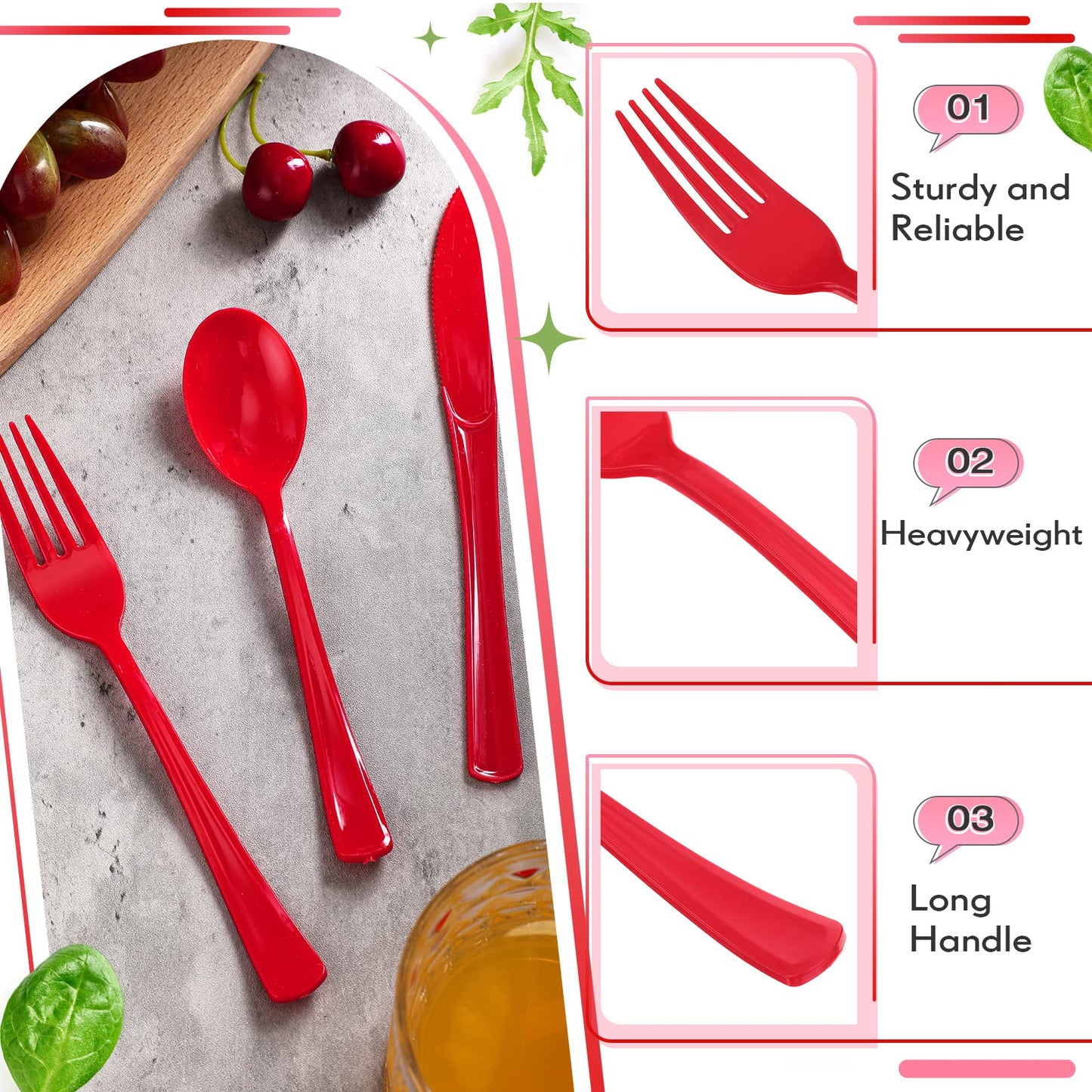 300 Pcs Plastic Silverware Heavy Duty Cutlery Set Plastic Utensils Set Includes 100 Disposable Spoons 100 Forks Knives for Parties Catering Family Gathering(Red)