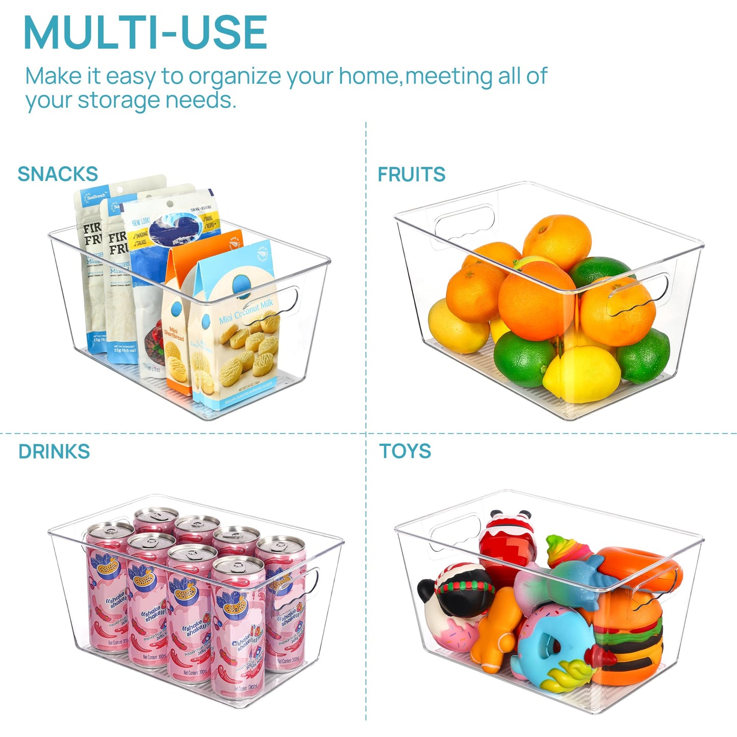 Vtopmart Clear Plastic Storage Bins, 6 PCS Pantry Organizer Bins with Handle for Refrigerator, Fridge, Cabinet, Kitchen, Countertops, Cupboard, Freezer Organization and Storage, Large