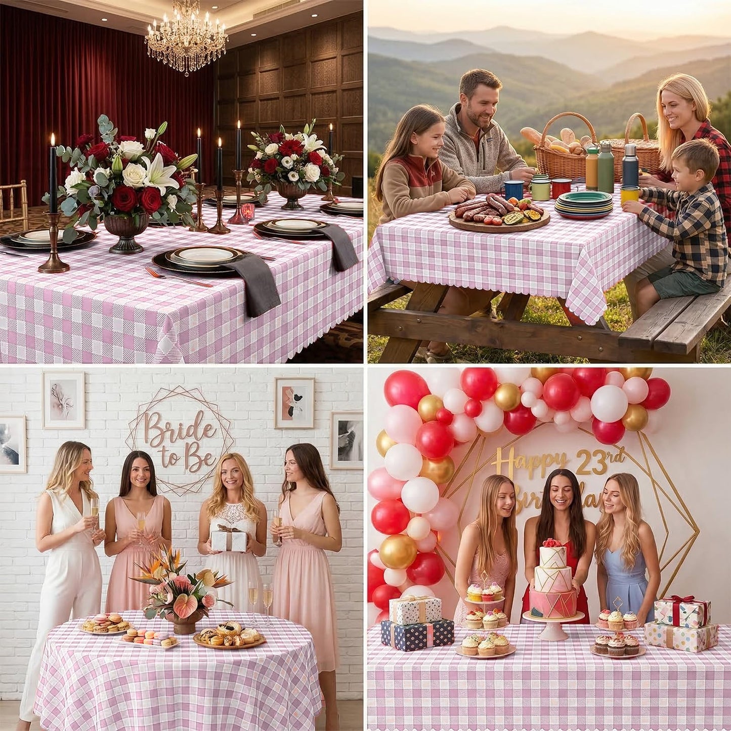 Ohkishly 2 Pack Pink Gingham Tablecloths, Pink and White Checkered Tablecloths Disposable Plastic Pink Plaid Table Cover for Easter Mother's Day Wedding Birthday Anniversay Baby Bridal Shower