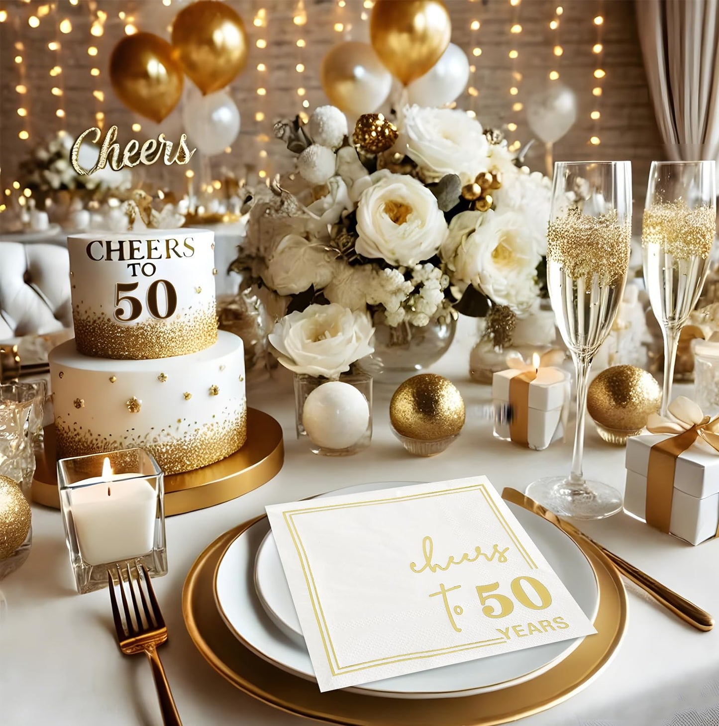 Ottin White Gold Cheers to 50 Years Cocktail Paper Napkins, 5x5 Inches, 50 Counts, 3-Ply Disposable Party Napkins for 50th Birthdays Decorations, Anniversaries, Weddings, Indoor & Outdoor Celebrations
