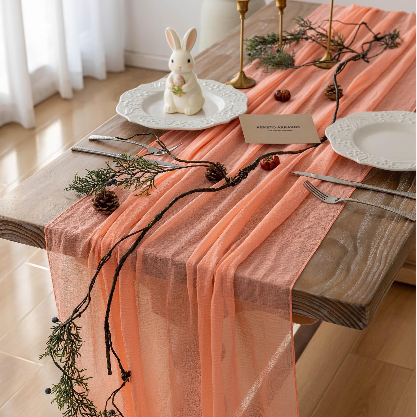 Keketoarrange Fresh Salmon Spring Cheesecloth Table Runner Mothers Day Decor Peach Echo Gauze 120 Inch 10 FT Boho Table Runner for Wedding Baby Shower Bridal Shower Party Sheer Summer Home Decorations