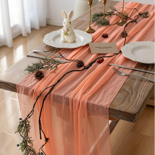 Keketoarrange Fresh Salmon Spring Cheesecloth Table Runner Mothers Day Decor Peach Echo Gauze 120 Inch 10 FT Boho Table Runner for Wedding Baby Shower Bridal Shower Party Sheer Summer Home Decorations