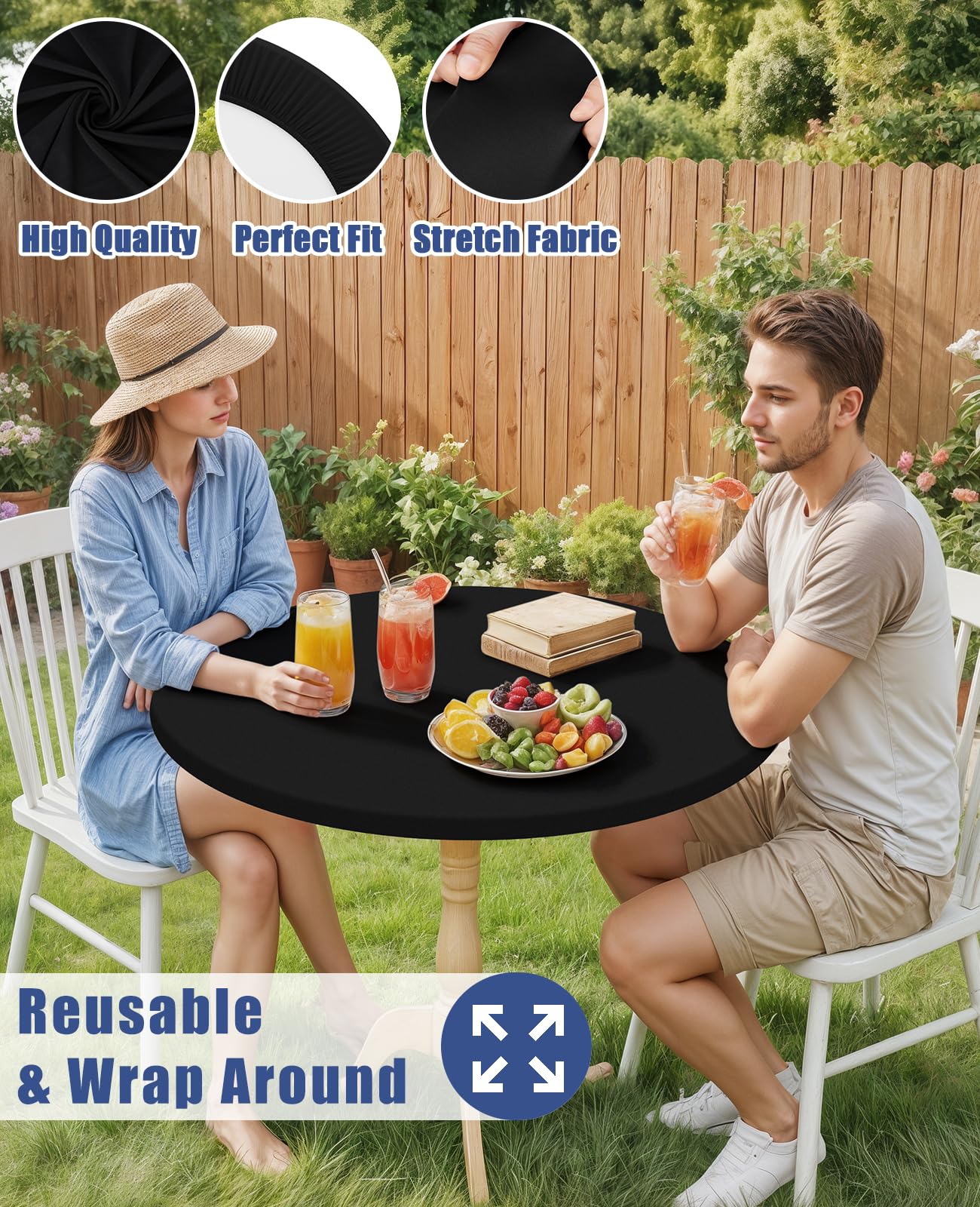 Moosfor Round Spandex Tablecloth, Elastic Fitted Waterproof Tablecloths for 45"-56" Tables, Stretch Washable Picnic Table Cover for Camping, Dining, Indoor and Outdoor, Black