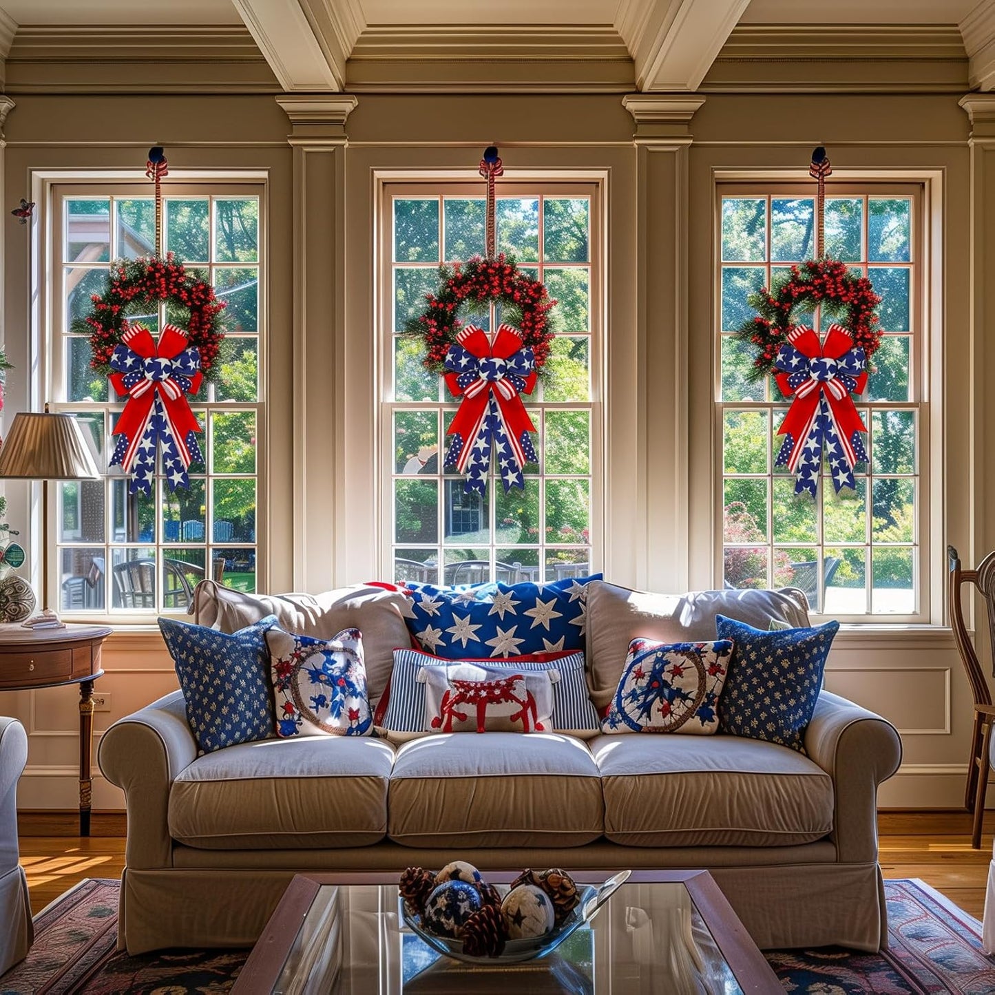 Patriotic 4th of July Bows by [Brand Name] - Pre-Tied Wired Ribbon Bows, 20x11 Inch, 2 Pack for Outdoor Decor