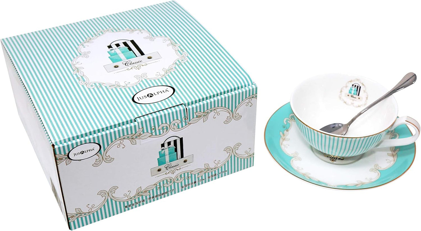 Vintage Blue Bone China Teacup & Saucer Set with Spoon - Jusalpha® FL-TCS01