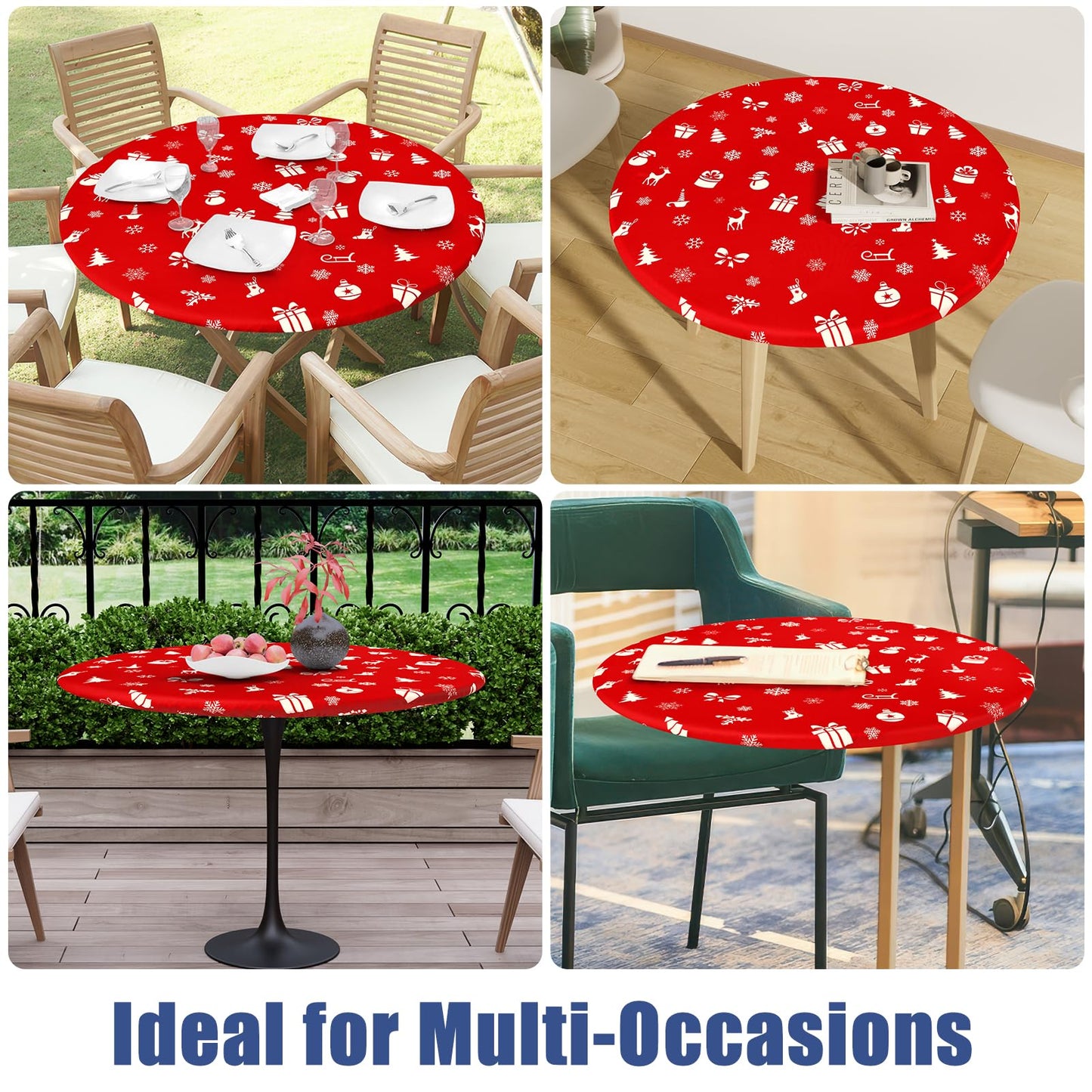 Moosfor Round Spandex Christmas Tablecloth, Elastic Fitted Waterproof Tablecloths for 45"-56" Tables, Stretch Washable Picnic Table Cover for Christmas Dinner, Box Snowflake
