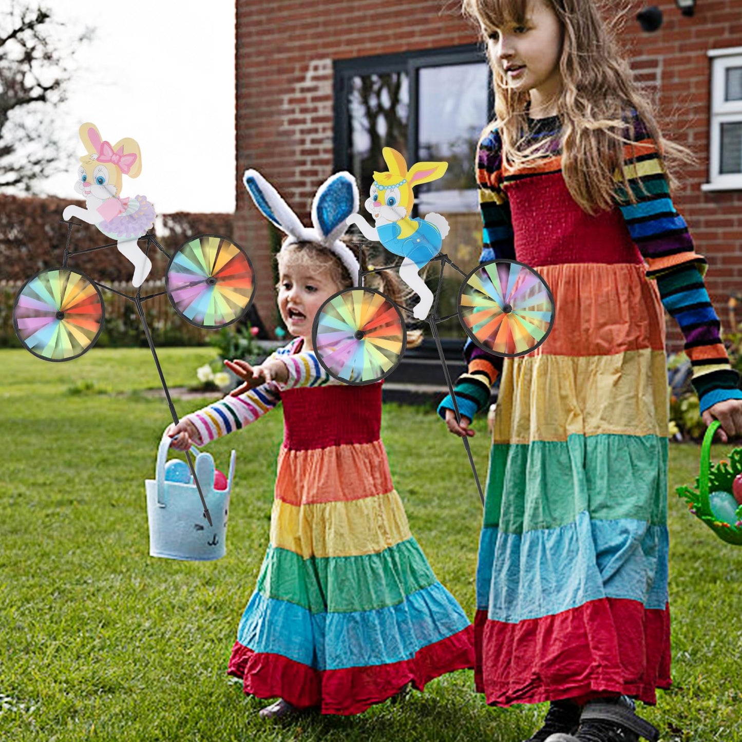 winemana Easter Decorations Outdoor- 2 Pcs Easter Pinwheels Decor for Yard, 36.5" Windmills Bunny Garden Stakes & Wind Spinner for Kids
