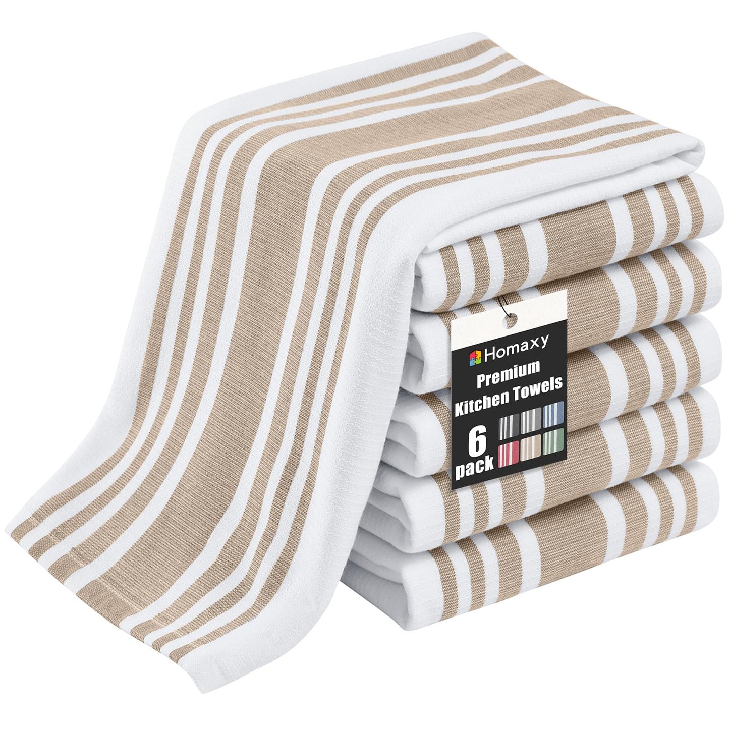Homaxy Premium Kitchen Towels 18”x 28”, Large Cotton 380 GSM Kitchen Hand Towels, Stripe and Terry Dish Towel, Highly Absorbent Tea Towel Set with Hanging Loop, 6 Pack, Khaki
