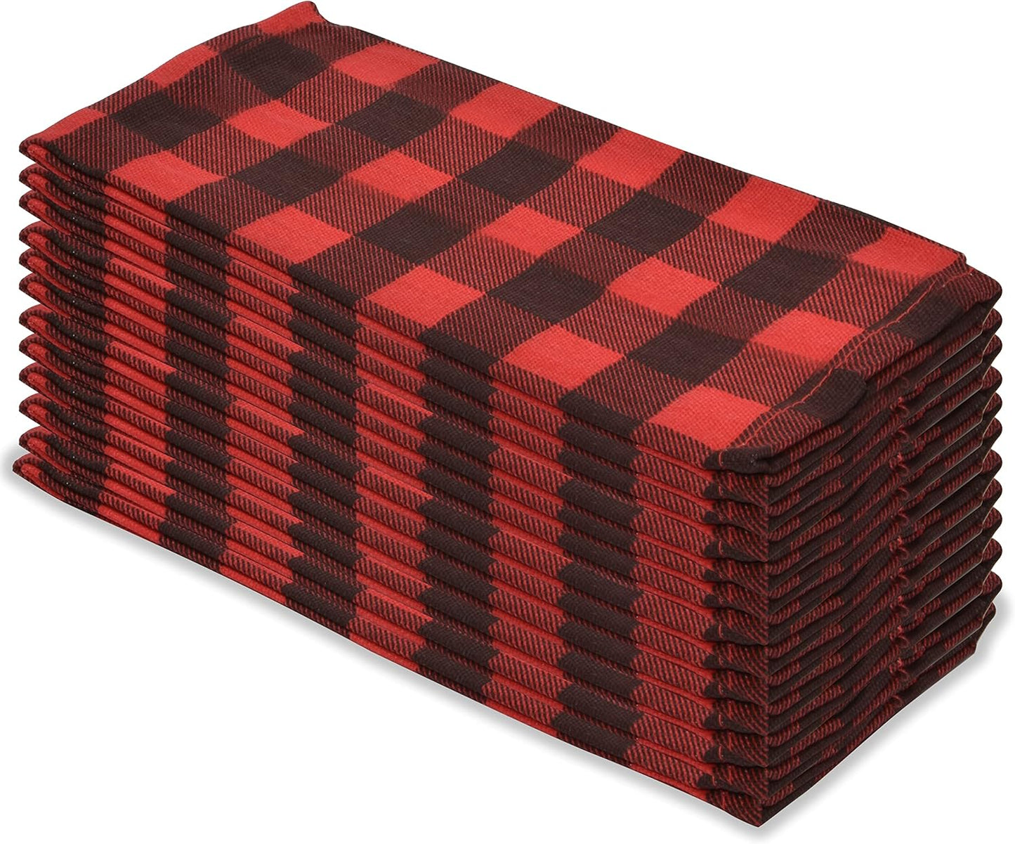 PERLLI Kitchen Cloth Napkins - Buffalo Plaid Red & Black - 100% Cotton, 18x18 Inches | 12 Pack, Washable & Reusable for Holiday Decor