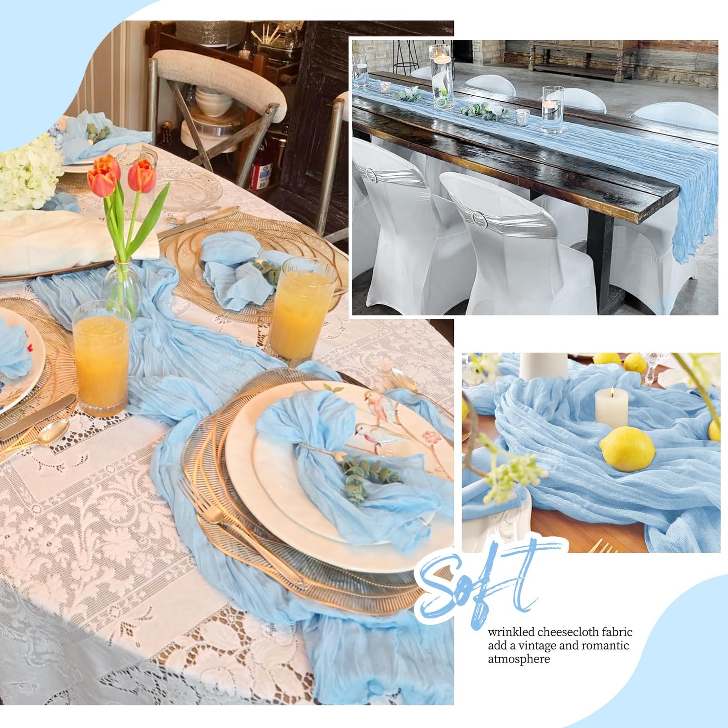 RealBox 12 Pack Baby Blue Cheesecloth Table Runner 17x108 Inch Semi Sheer Boho Gauze Cheese Cloth Fabric Table Runners, for Wedding Party Baby Shower Birthday Home Decor Garden Farmhouse