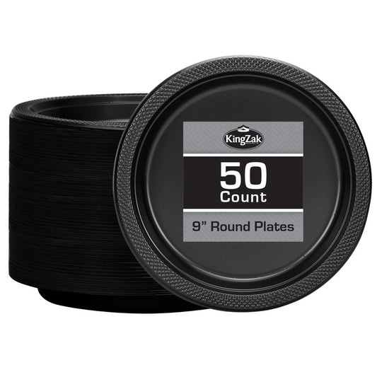 Black Plastic Plates 9 Inch - 50 count - Plastic Solid Round Party Plates For Weddings, BBQs, Birthday Plates - Disposable Black Plates - Plastic Dessert Plates