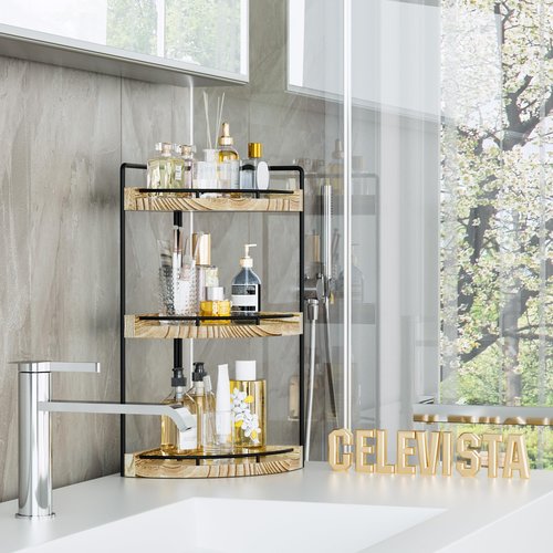 CeleVista Corner Bathroom Counter Organizer, 3 Tier Bathroom Storage Countertop for Skincare, Sink Shelf for Kitchen Decor, Vanity, Dresser, Makeup, Gift(Rustic Brown)