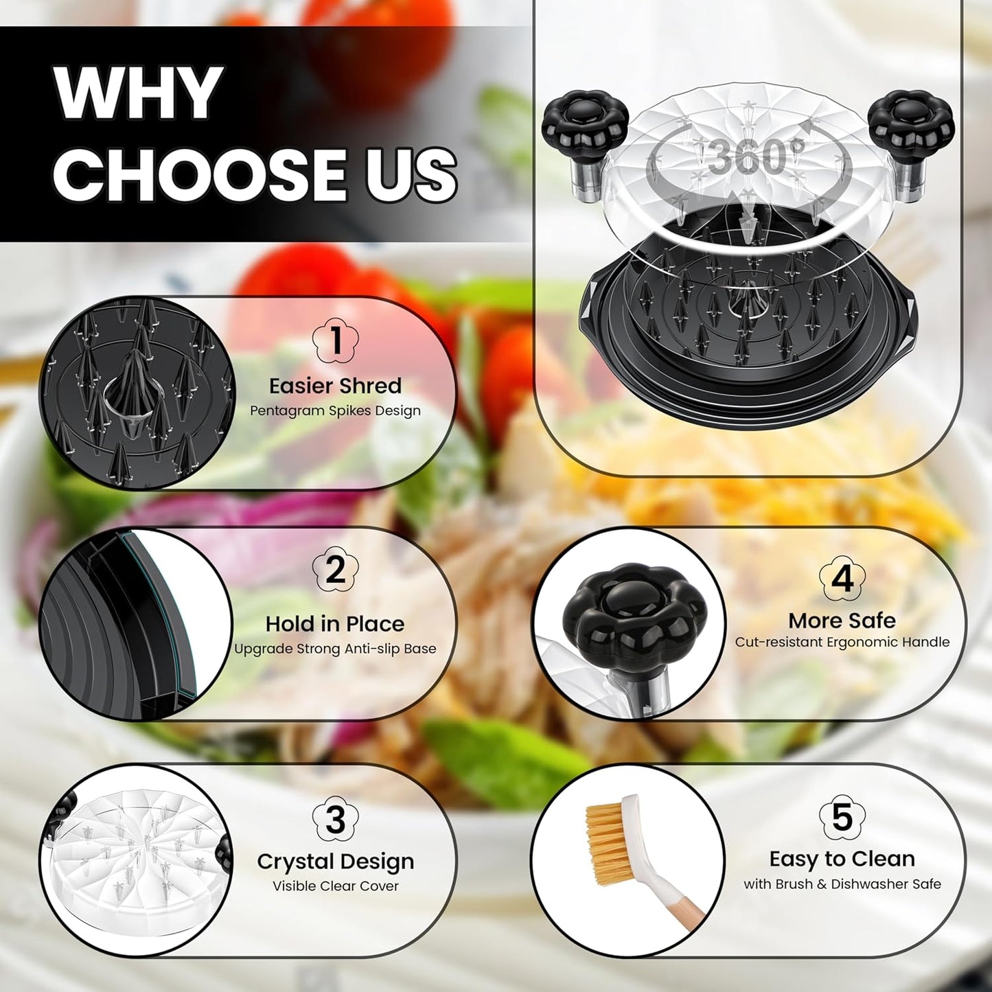 Skiennix Chicken Shredder Tool - 10'' Pro Meat Shredder with Ergonomic Handle & Anti-Slip Grip | BPA Free (Black)