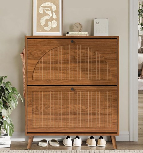 Fsbecl Shoe Storage Cabinet - Narrow Wood Organizer with 2 Flip Drawers | Stylish Walnut Finish for Entryway