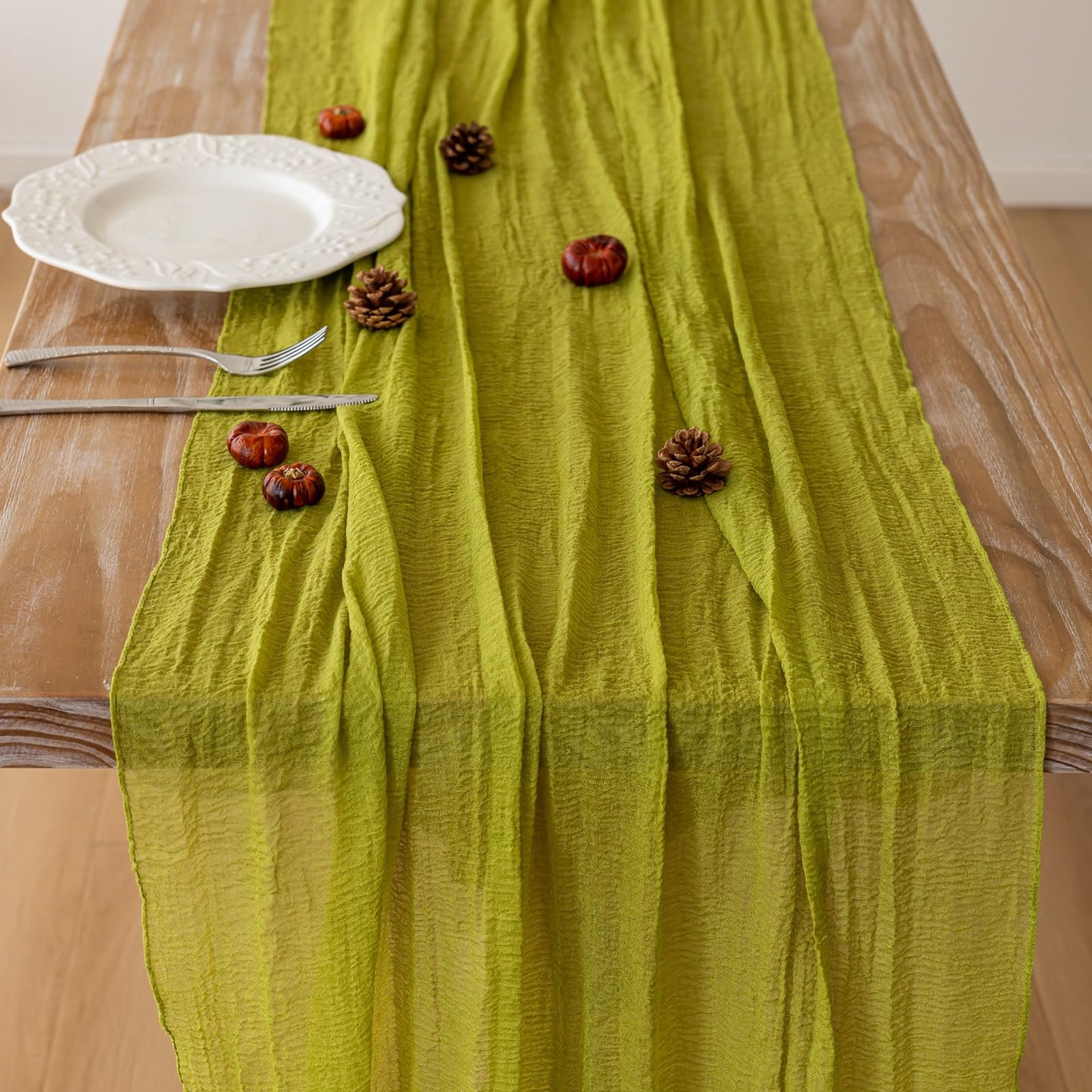 Keketoarrange 10pcs Christmas Moss Green Cheesecloth Table Runner Gauze 120 Inch 10 FT Rustic Boho Cheese Cloth Runner for Wedding Baby Shower Bridal Shower Birthday Party Long Sheer Home Decorations