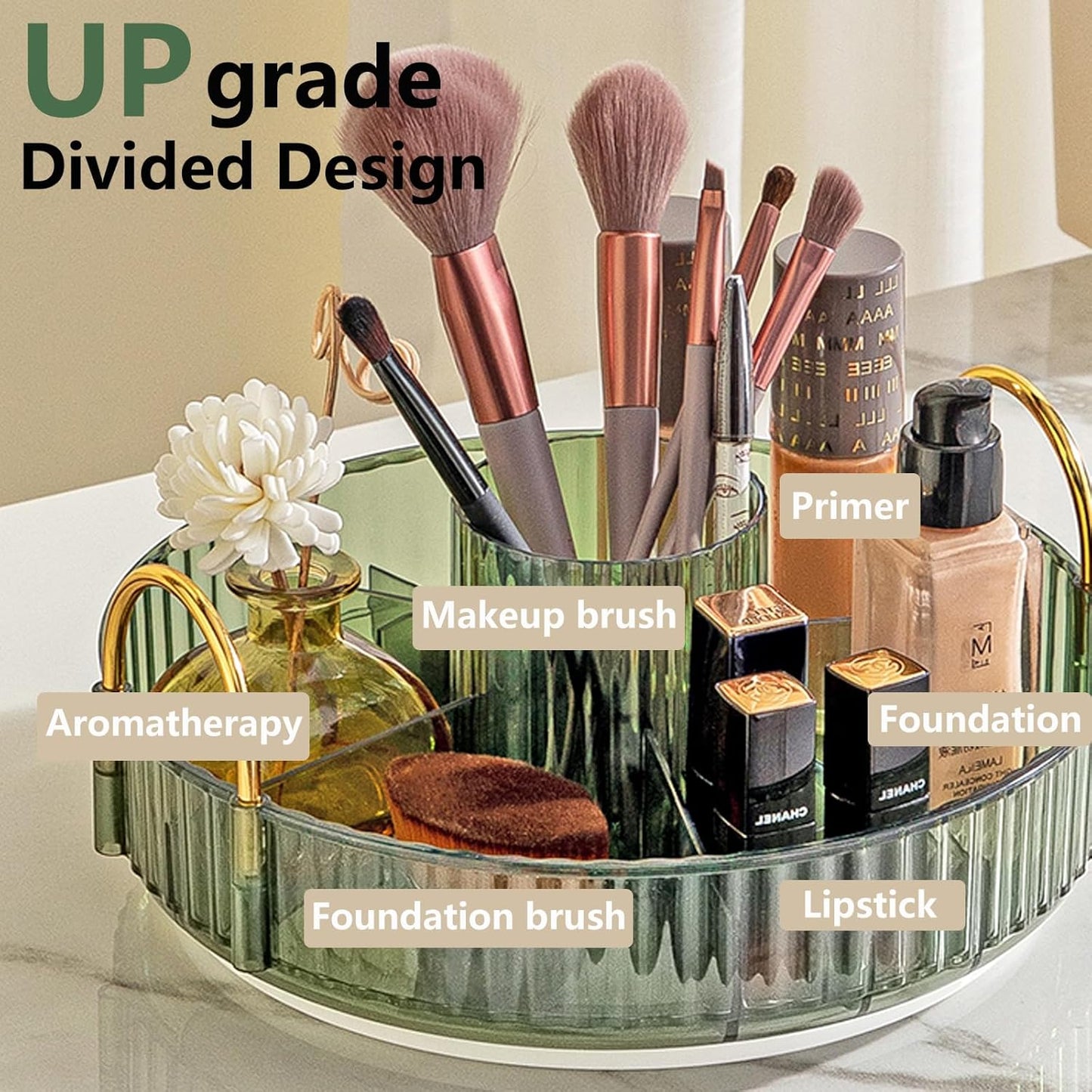 Asayuee 360 Rotating Makeup Organizer - Large Capacity 2-Tier Storage for Cosmetics & Skincare | Green