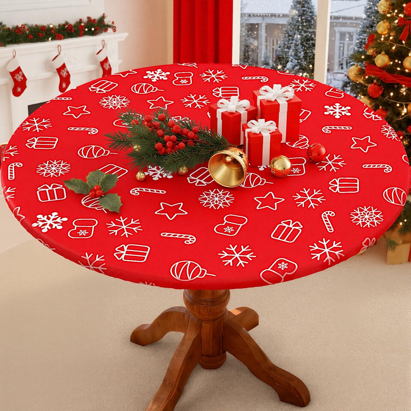 Smiry Round Spandex Tablecloth, Elastic Fitted Washable Tablecloths for 45"-56" Tables, Waterpoof Stretch Picnic Table Cover for Dining, Indoor and Outdoor, Snowflake