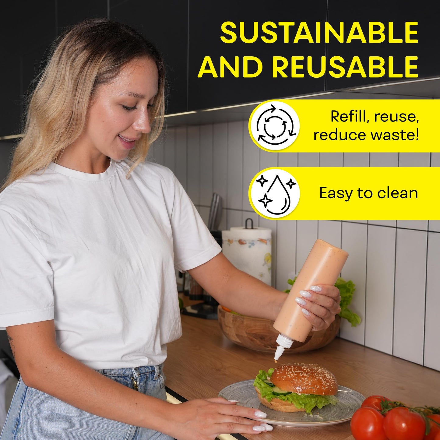 BRIGHTFROM Condiment Squeeze Bottles, 16 OZ Empty Squirt Bottle with Twist Top Cap, Leak Proof - Great for Ketchup, Mustard, Syrup, Sauces, Dressing, Oil, Arts and Crafts, BPA FREE Plastic - 2 PACK