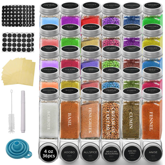 eispap 36 Pcs 4 OZ Glass Spice Jars with Metal Caps, Glass Jars with Minimalist Farmhouse Spice Labels Stickers, Collapsible Funnel, Seasoning Storage Bottles for Spice Rack, Cabinet, Drawer (36)