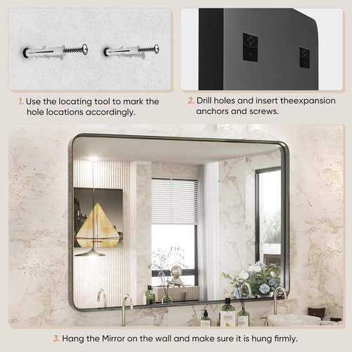 DUMOS Black Metal Framed Bathroom Mirror - 36x24 Inch Rounded Rectangle Design | Modern Matte Finish for Versatile Hanging