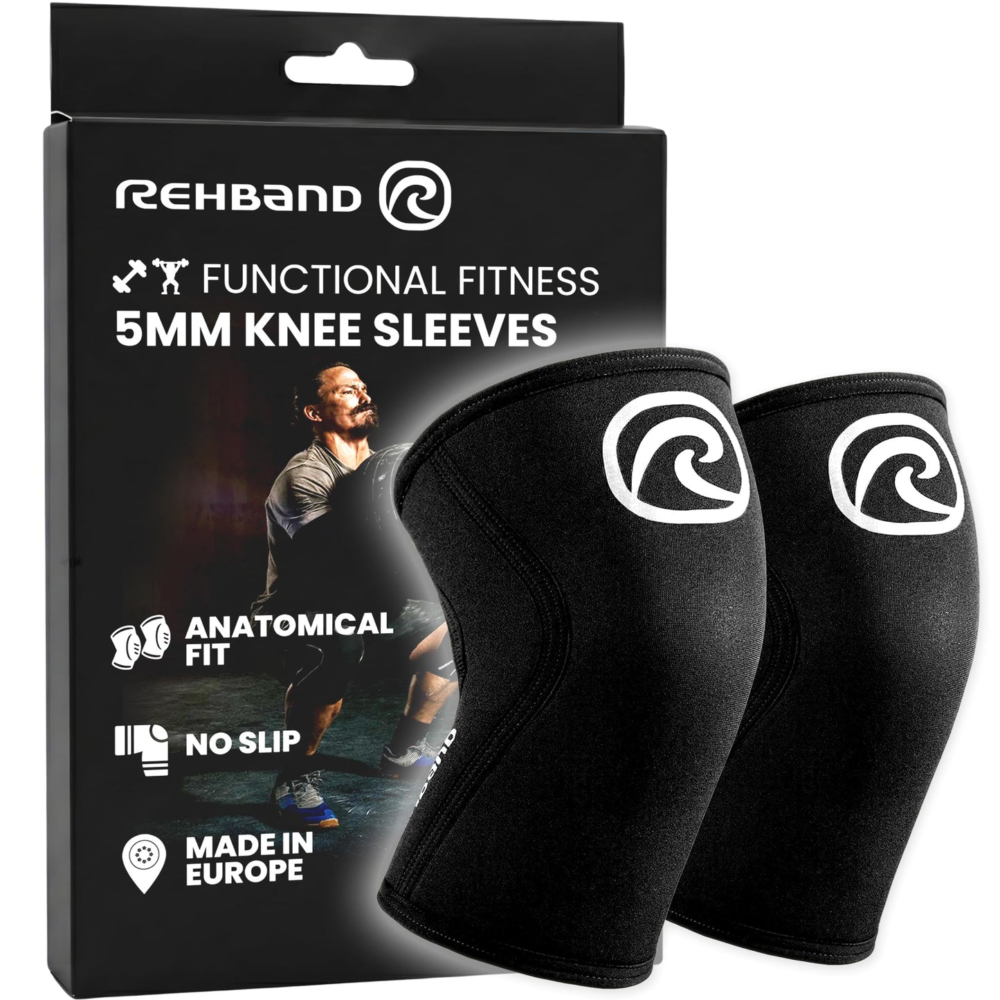 Rehband 5mm Knee Sleeves for Functional Training, Cross-Training & Powerlifting, Weightlifting Knee Support made of Neoprene, Unisex, Colour:Silver/Black - 1 Pair, Size:Medium