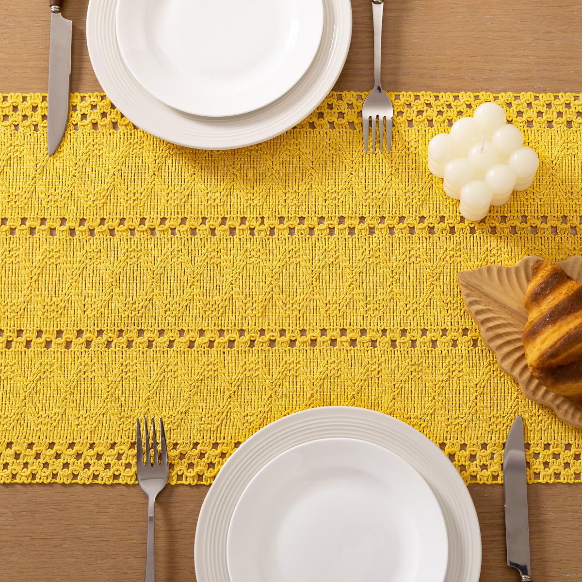 Socomi Boho Table Runner Easter Spring Farmhouse Rustic Dining Kitchen Centerpiece Decor Small Macrame Woven Cotton Linen Coffee Table Runner for Dresser Scarf Home Decor 12x72 in Yellow Gold
