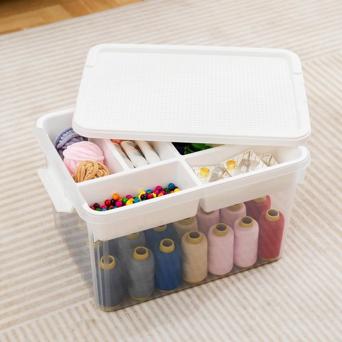 Citylife 32 QT Stackable Storage Bins - Tool Box Organizer with Lid & Removable Tray for Beads, Sewing