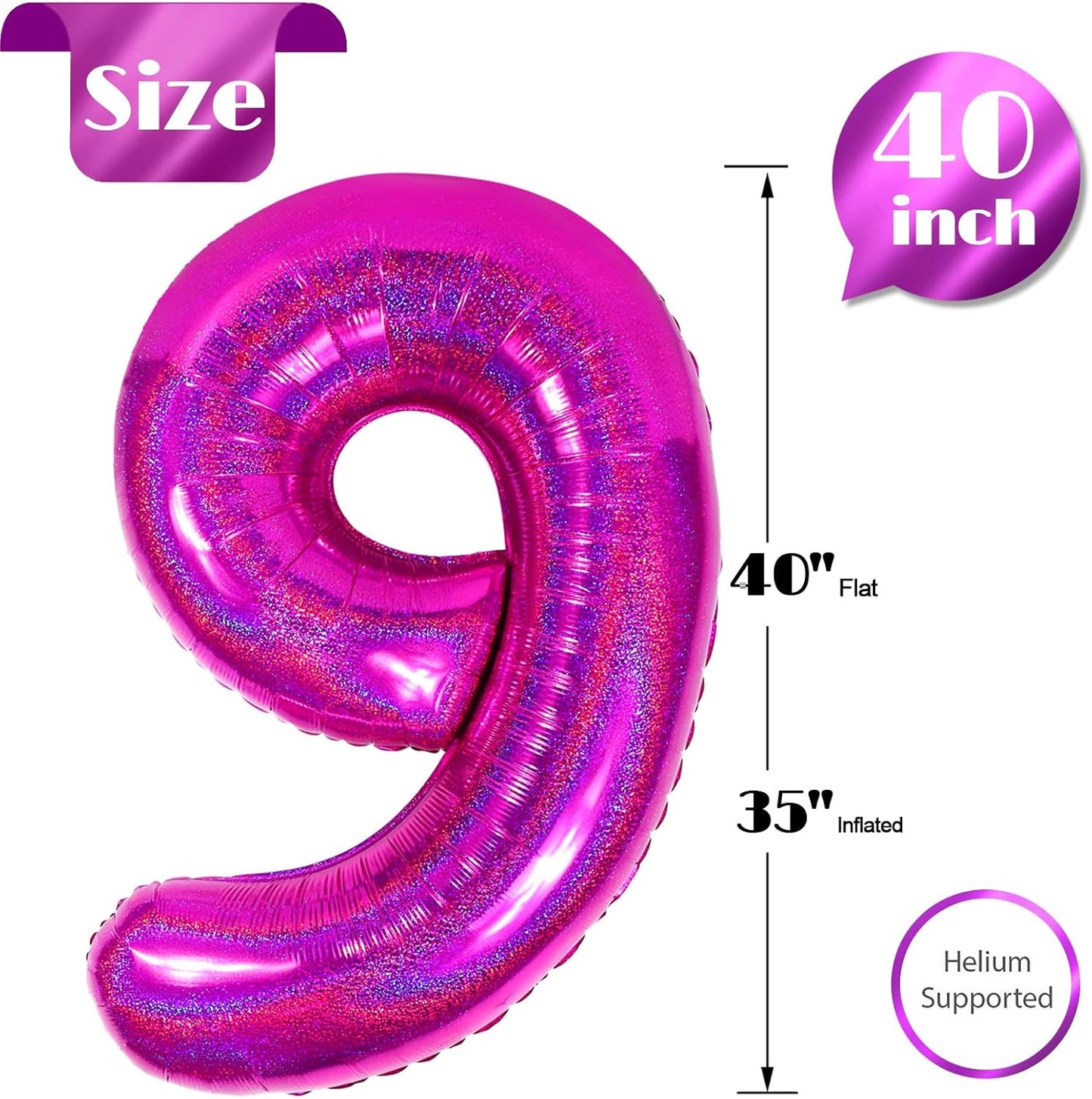 Laser Hot Pink Number 9 Balloon - 40 Inch Giant Birthday Decoration for Girls | Perfect for 9th, 19th, and 29th Parties