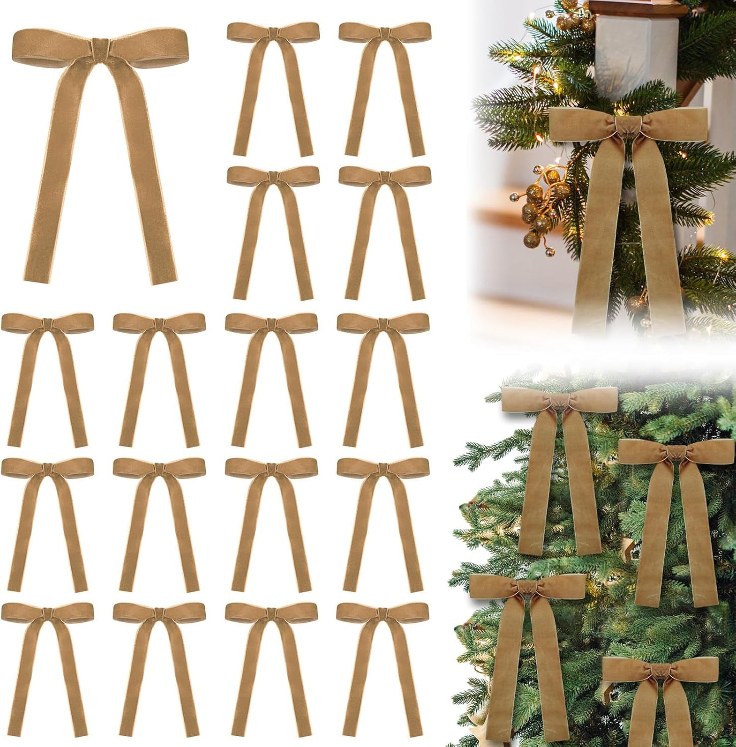 Skiennix Velvet Bows - Vintage Ribbon Bows for Christmas Tree & Crafts | 24 Pcs, Light Khaki (5 x 7 Inch)