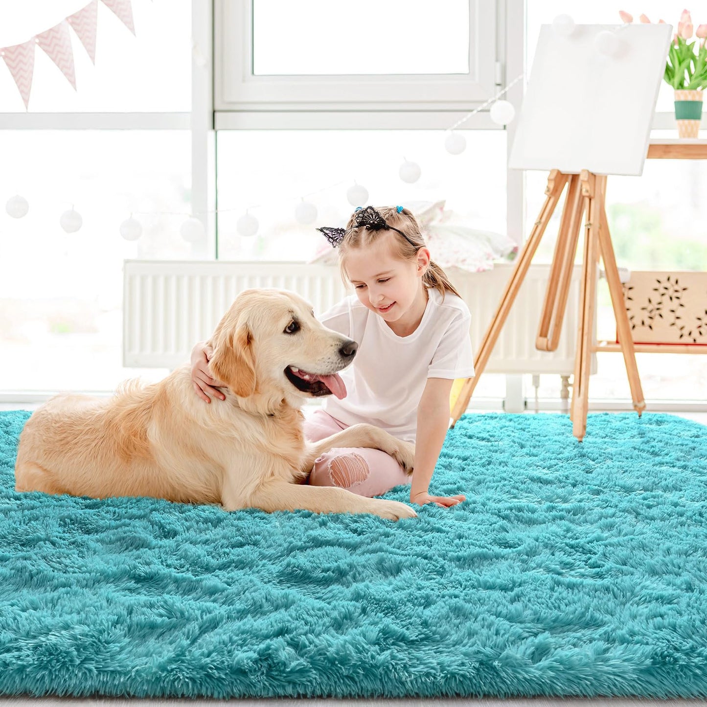 LOCHAS Ultra Soft Indoor Modern Area Rugs Fluffy Living Room Carpets for Children Bedroom Home Decor Nursery Rug 5.3x7.5 Feet, Teal Blue