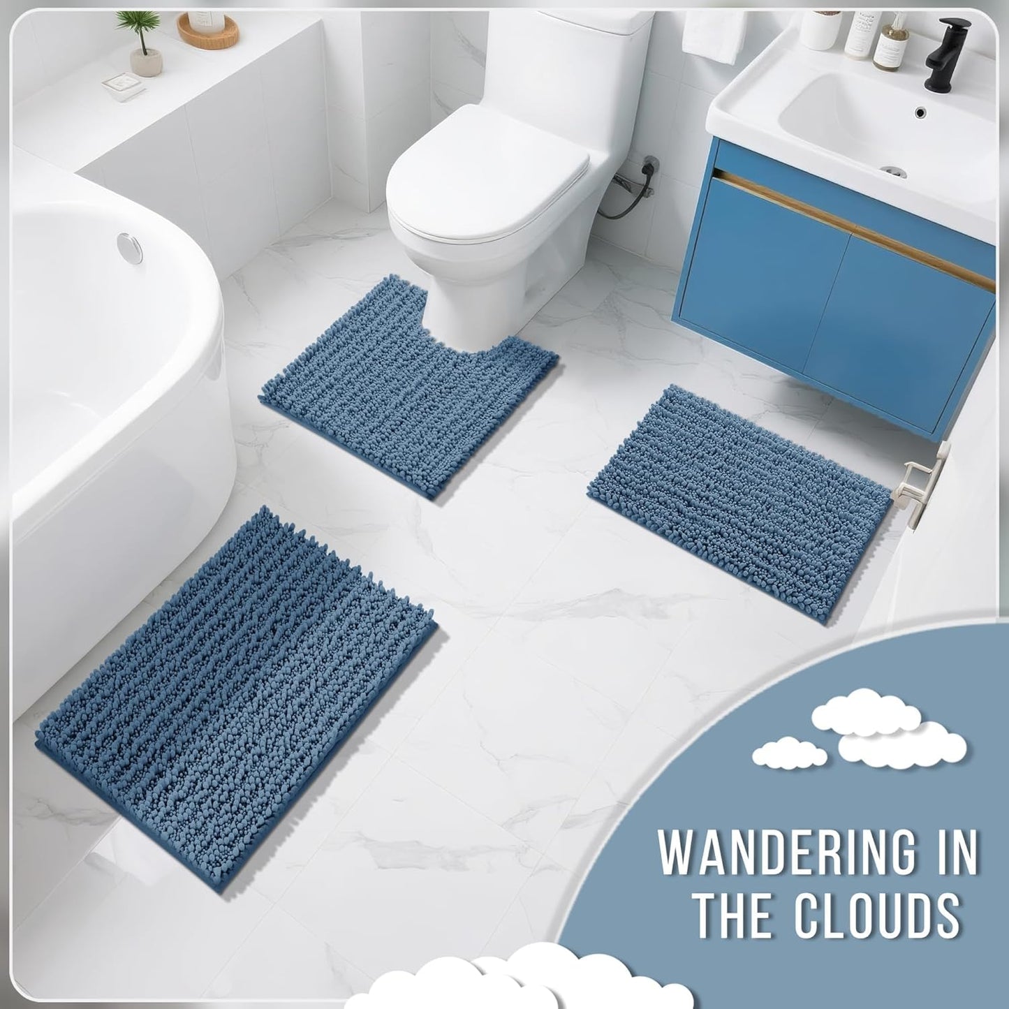 Yimobra Bathroom Rugs - Ultra Soft Non-Slip Chenille Bath Mat | Quick Dry Shaggy Carpet, Denim Blue, 24x17 Inch