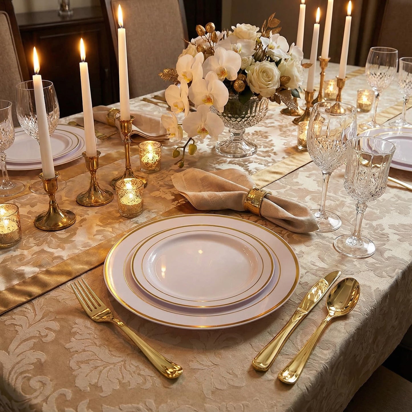 Supernal 400pcs Gold Glitter Plastic Dinnerware, Disposable Plates for Party Include 50 Gold Plastic Plate, 50pcs Dessert Plate 100 Glitter Forks, 50 Disposable Knives and Spoons, 50Cups and Napkins