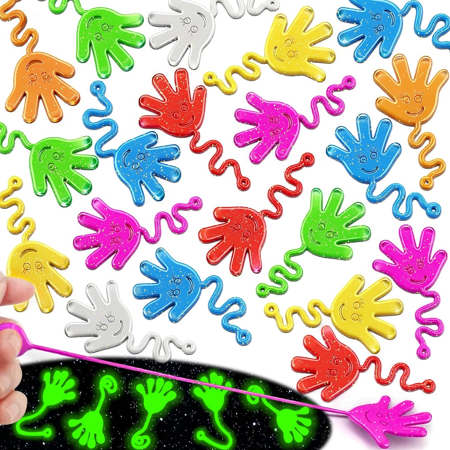 Armaytoy 20Pack Glow in Dark Glitter Sticky Hands Party Favors for Kids Pinata Goodie Bag Stuffers Classroom Prizes Birthday Stretchy Treat Trinkets Treasure Box Bulk Toys