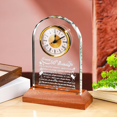 Arikyrist Happy 50th Birthday Glass Clock Gifts for Women, Men - 50 Year Old Birthday Gift with Wooden Light Base for Her Him, Turning 50 Quartz Clock Gift Idea for Mom Dad Unique Decoration