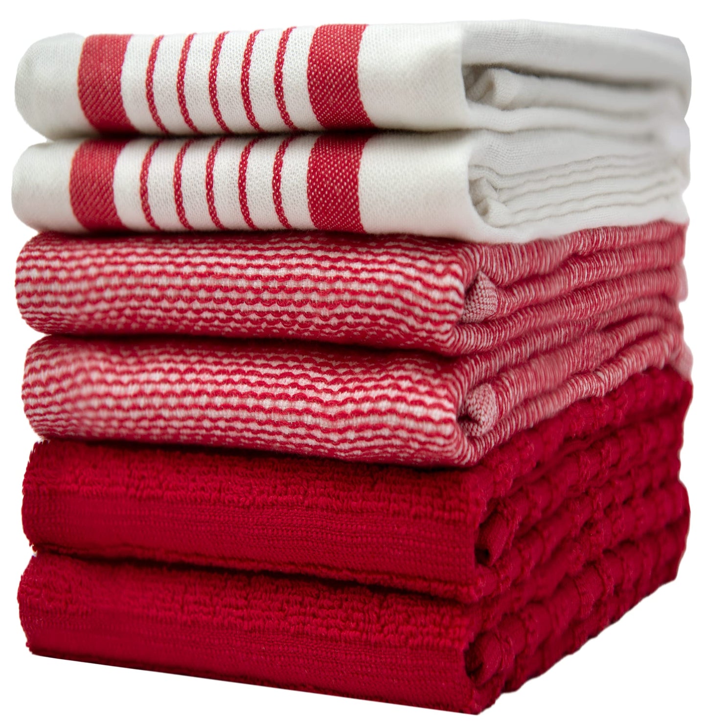 Premium Kitchen Towels (20”x 28”, 6 Pack) | Large Cotton Dish Towels | Flat & Terry Highly Absorbent Kitchen Linen Set with Hanging Loop | Red Striped