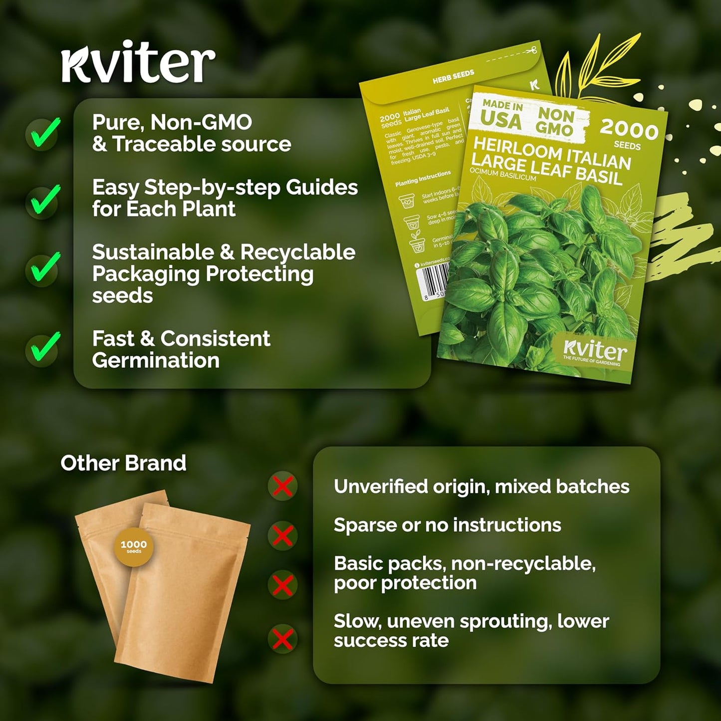 KVITER 2000 Italian Basil Seeds - Sweet Genovese Heirloom & Non-GMO for Indoor/Outdoor Gardens