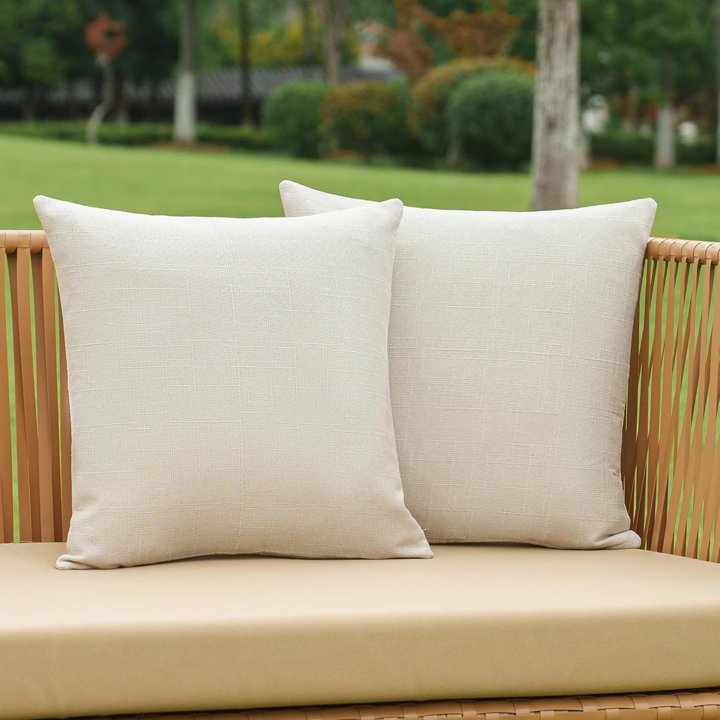 NiNi Decorative Outdoor Pillow Covers - Waterproof Linen Textured Set of 2 | 16x16 Inch Beige Garden Cushions