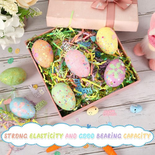 Jansun Easter Grass Crinkle Cut Paper, 115g/4oz Easter Iridescent Shred Paper Filler with Easter Confetti for Easter Gift Box Grass Basket Filler Gift Wrapping Easter Decorations