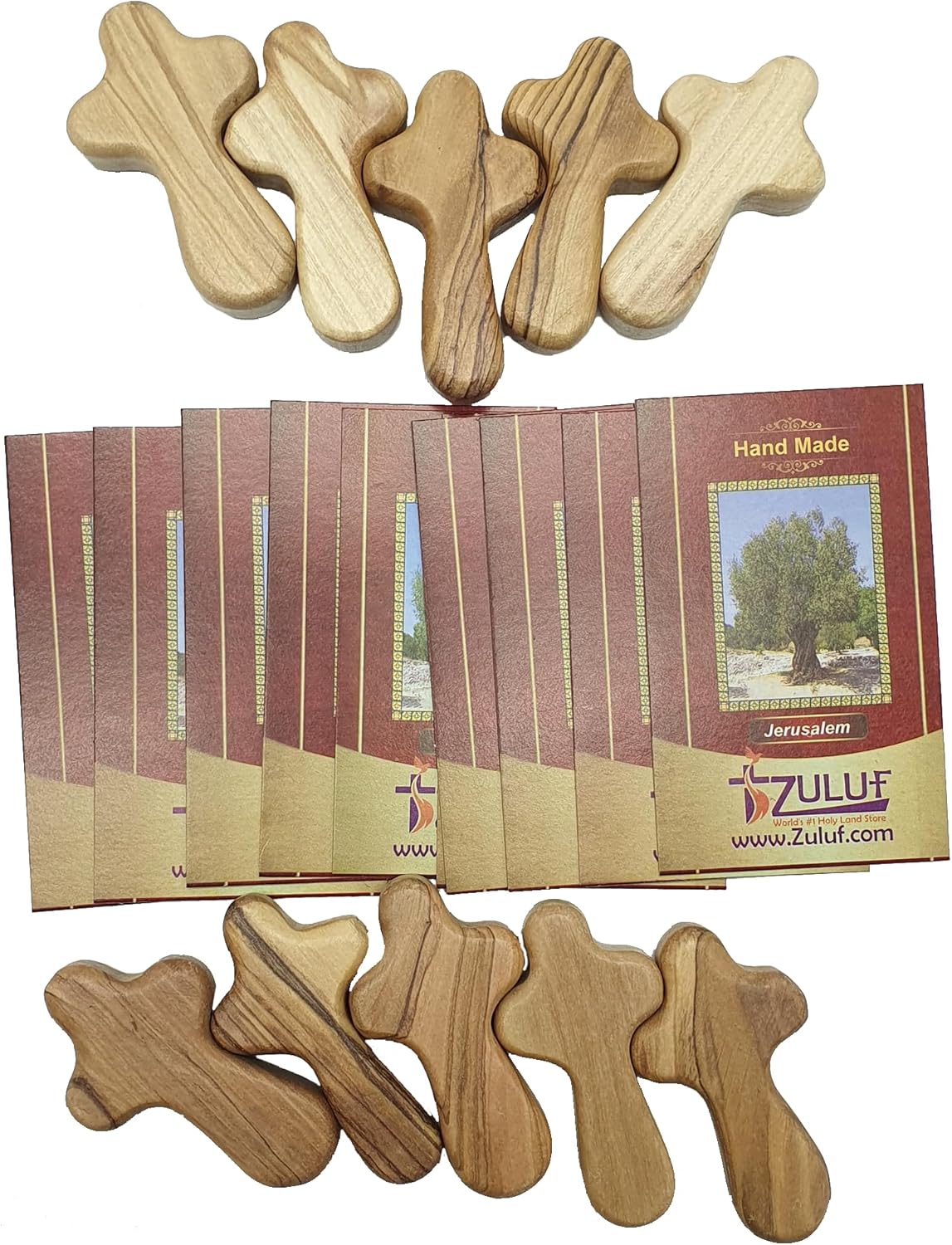 Handmade Olive Wood Crosses Set of 10 – Mini Fidget Pocket Crosses for Prayer & Comfort