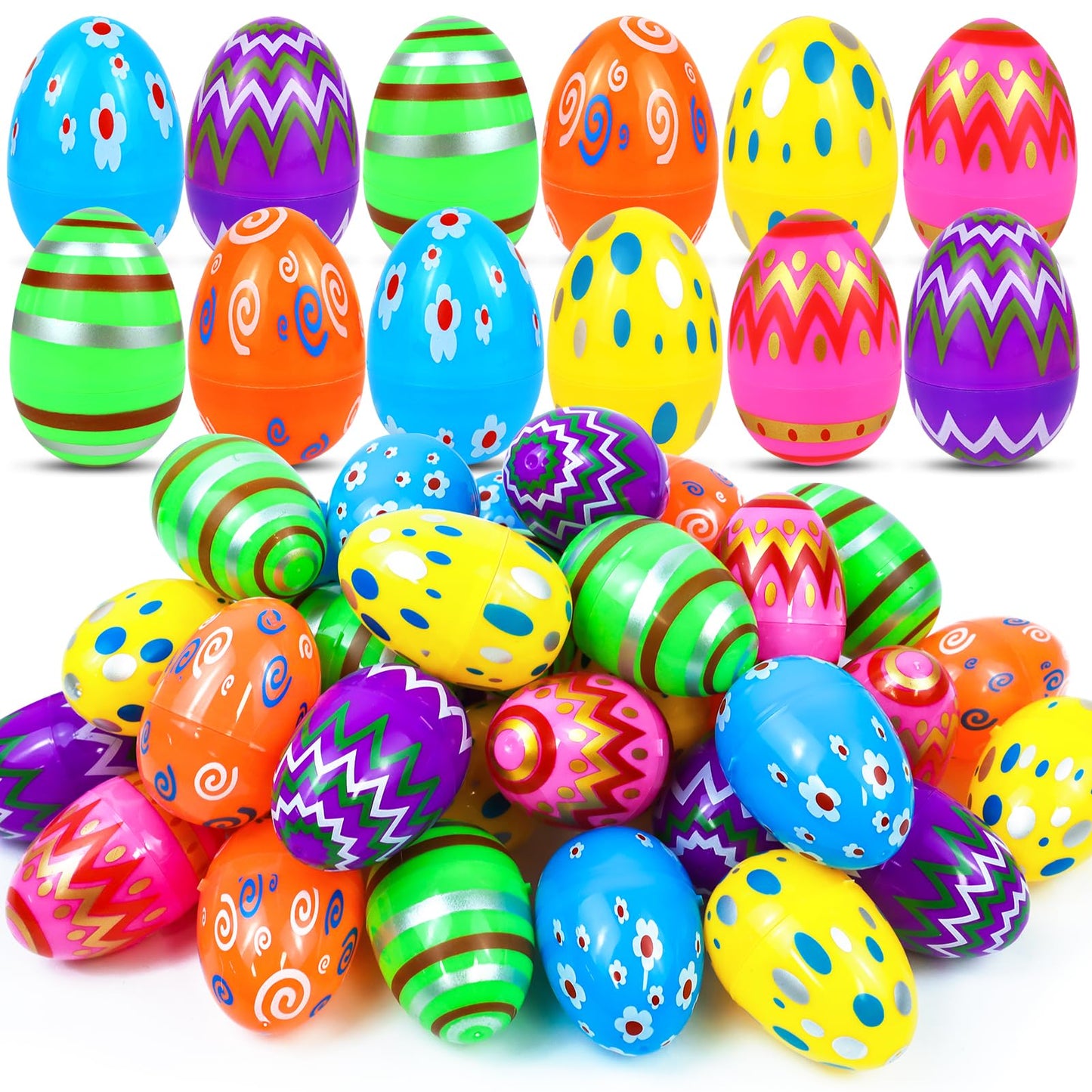 JOHOSEEK Plastic Easter Eggs Fillable, 36 PCS Printed Bright Easter Eggs Empty, Colorful Eggs for Easter Gifts Party Favors Eggs Hunt, Easter Basket Stuffers, Plastic Eggs Bulk