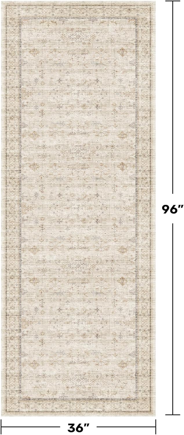 Skiennix Non-Slip Runner Rug - Washable Beige Floral Design for Hallway | Soft Low Pile Indoor Mat