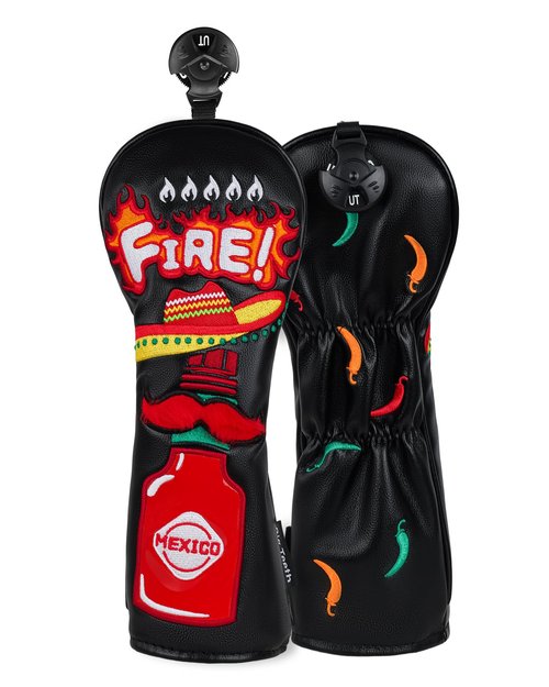 Golf Headcovers Golf Club Head Covers Chili Peppe - Mexico Style Premium Leather Driver Fairway(FW) Wood Hybrid(UT) with Number Tags Taco Fire Chili Sauce Pattern (Hybrid Head Cover)