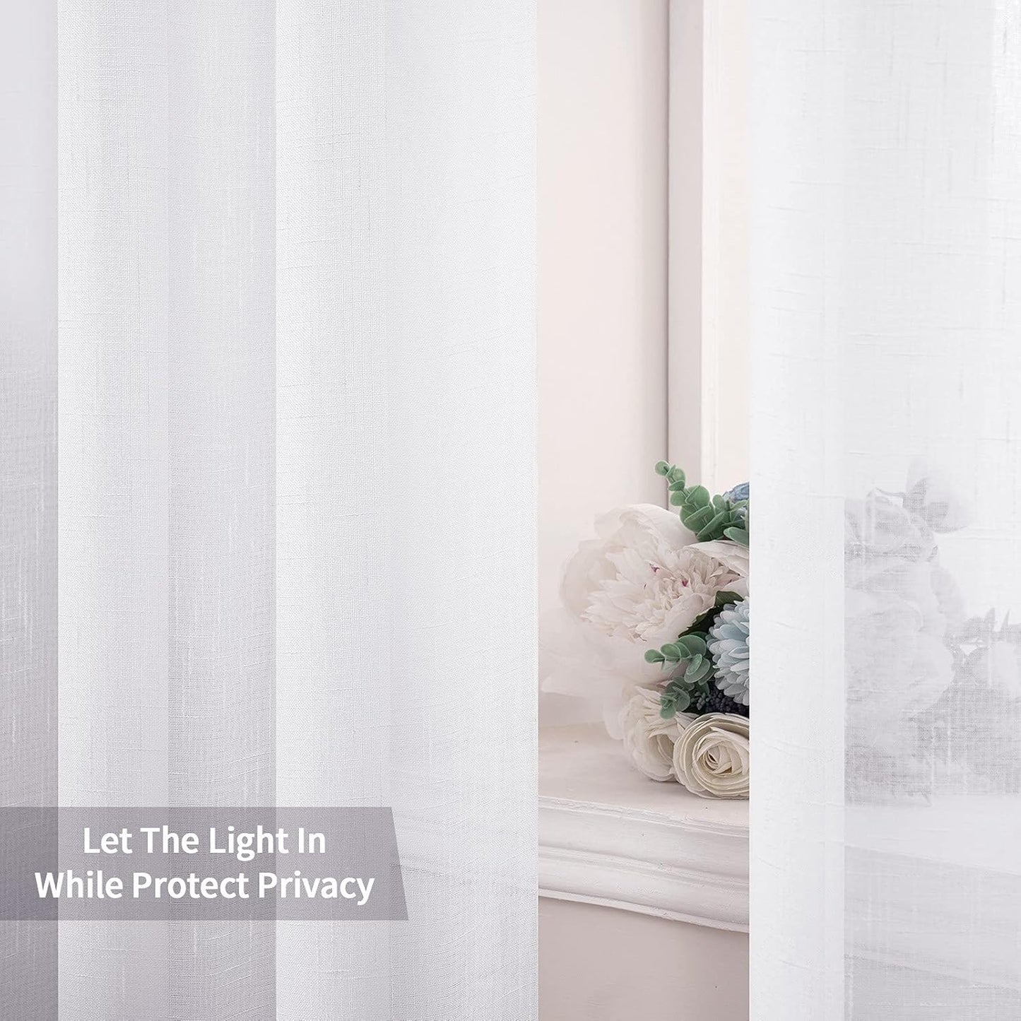 MIULEE Natural Linen Sheer Window Curtains - Elegant Solid White Grommet Drapes for Bedroom & Living Room | 52x90 Inch