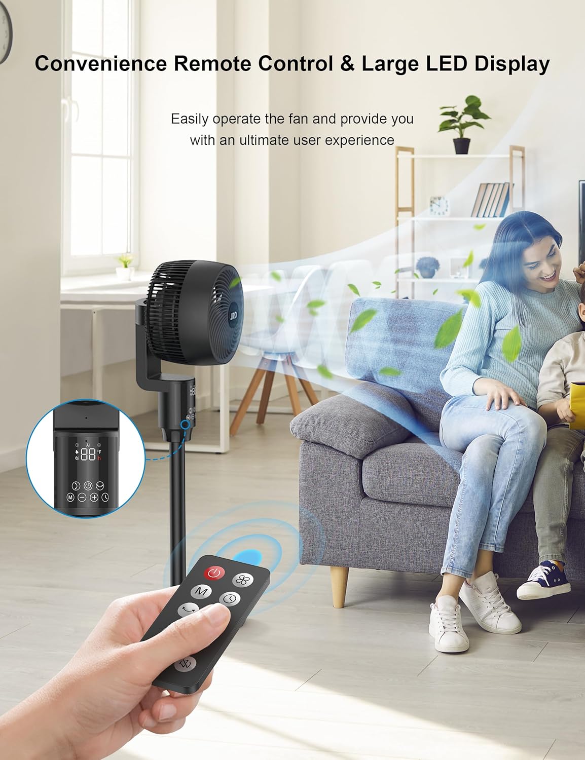 JRD Oscillating Floor Fan - Quiet 70° Pedestal Fan with 6 Speeds & Remote Control | Adjustable 19-38" Height
