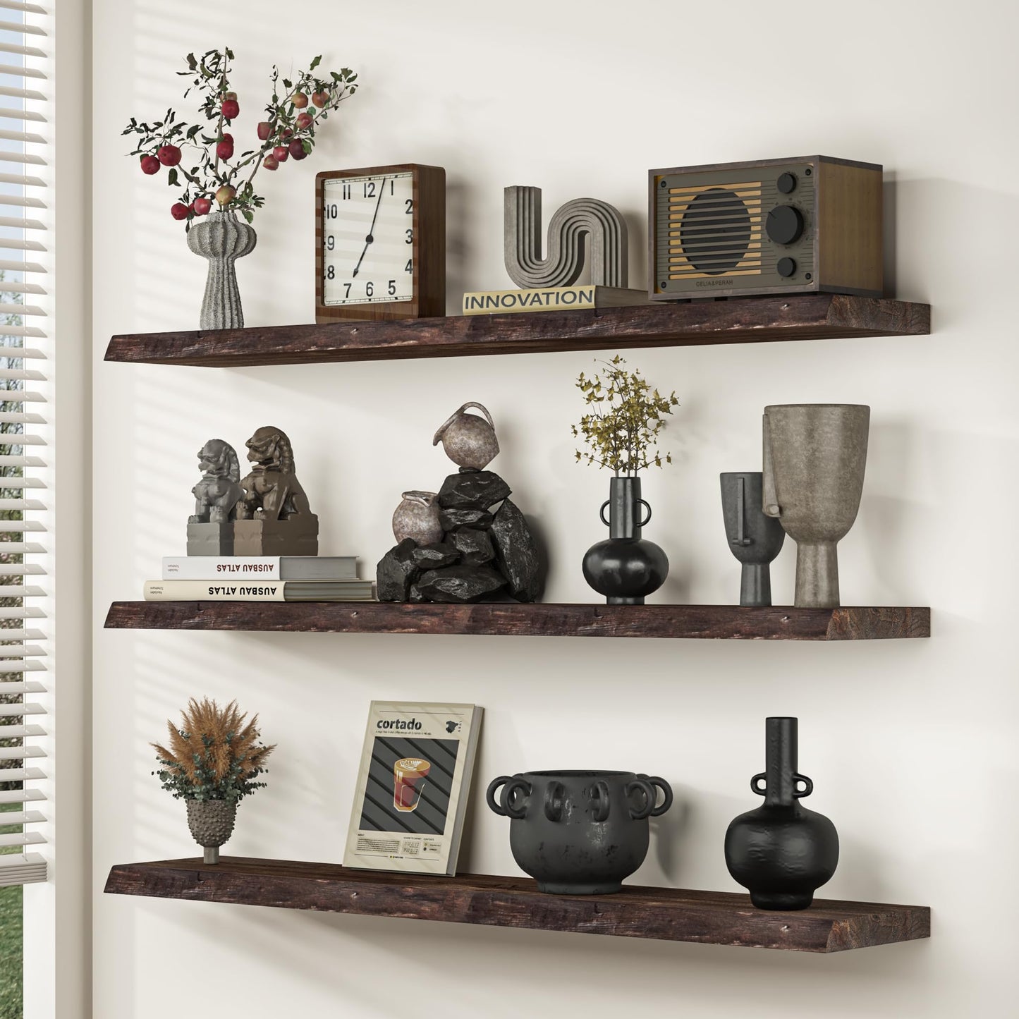 Floating Shelves for Wall, 48"x9.3" Rustic Solid Live-Edge Elm Wood Wall Shelves, Heavy-Duty Floating Shelves with Invisible Brackets, Set of 2 for Living Room, Bedroom, and Kitchen, Walnut Finish