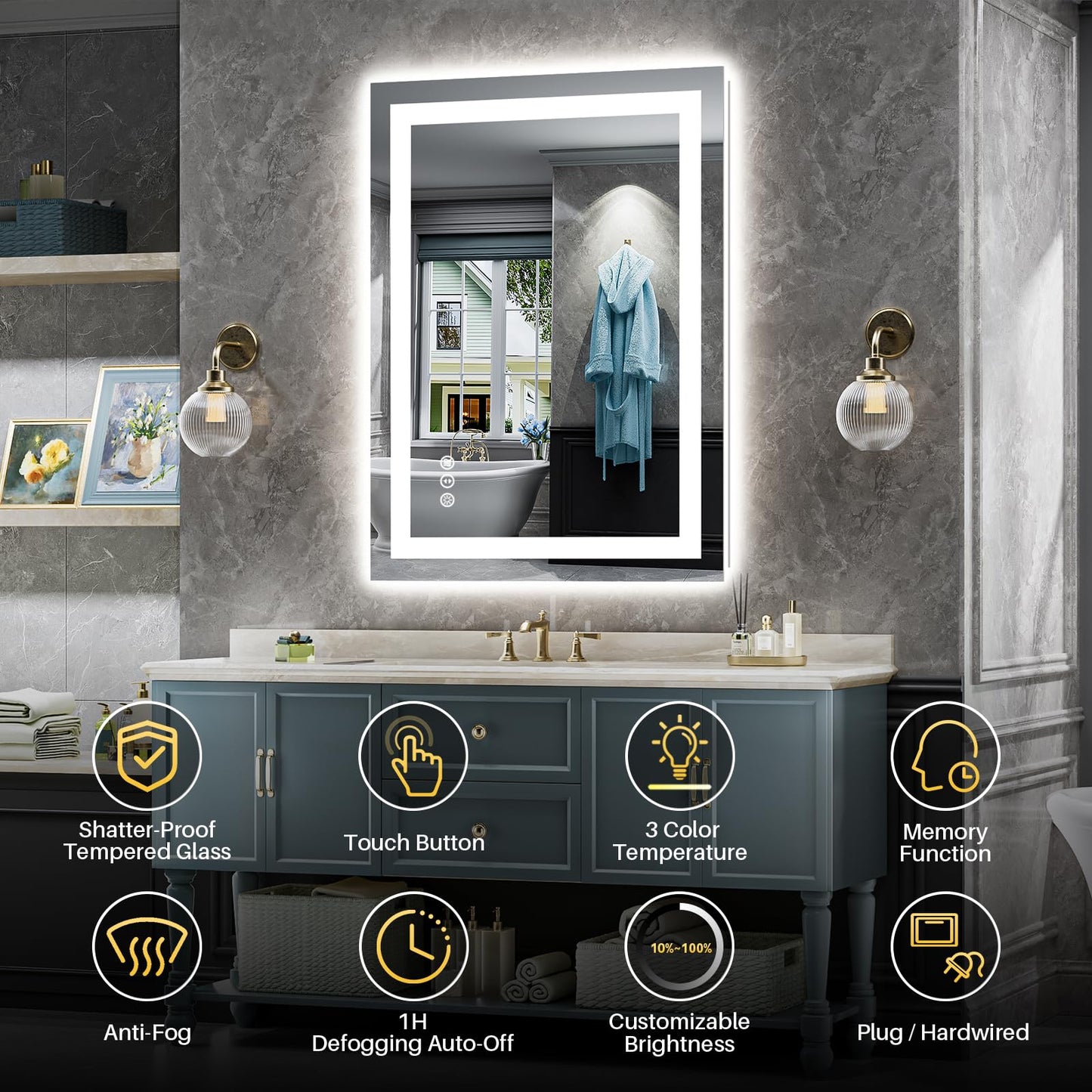 Briivue 20x28 Inch LED Bathroom Mirror with Lights, Backlit & Front Lit, Anti-Fog Lighted Bathroom Vanity Mirror for Wall, Memory Function, Dimmable, HD Tempered Glass, Shatter-Proof
