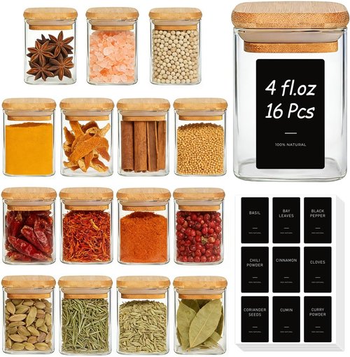 ComSaf Spice Jars - 16 Pack 4oz Glass Containers with Bamboo Lids & 54 Labels | Perfect for Kitchen Organization