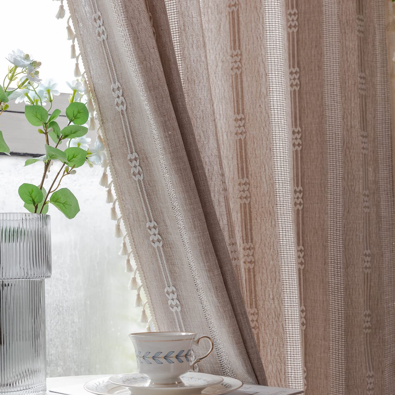Linen Curtains 108 Inches Long for Living Room 2 Panels Set, Embroidery Farmhouse Tassel Boho for Bedroom Light Filtering Window Rod Pocket Drapes (52" W x 108" L, Khaki)