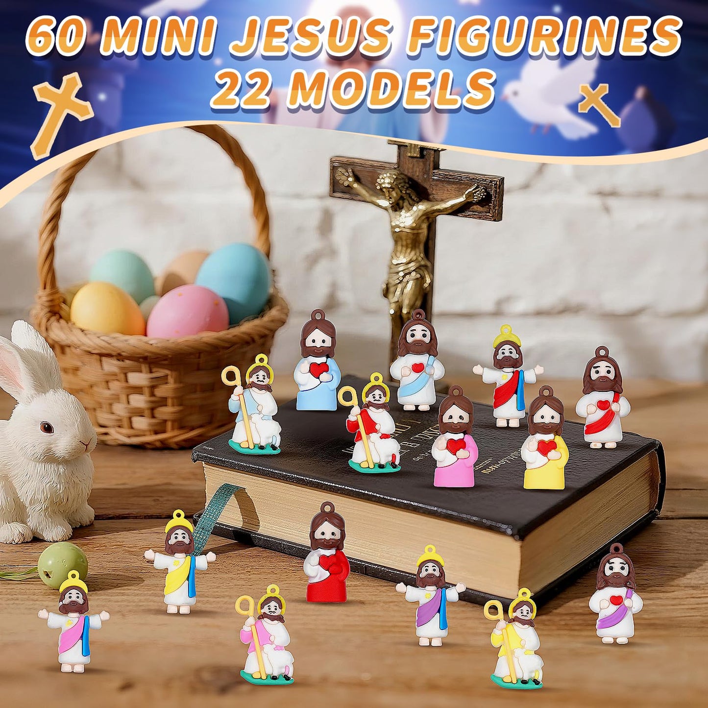 60PCS Mini Little Jesus Figures,Easter Basket Stuffers Jesus Figurines in Bulk Jesus Loves You Tiny Jesus Figures,Pocket Miniature Figurines to Hide and Seek Easter Basket Essentials
