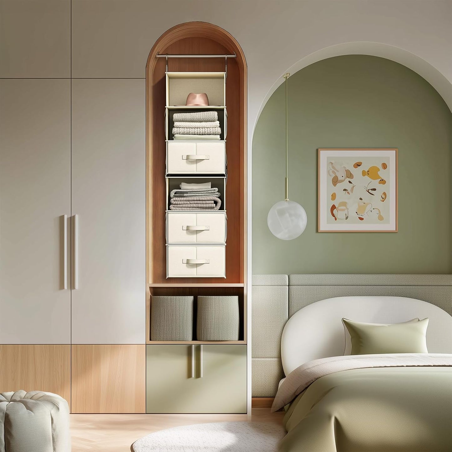 Vailando 6-Shelf Hanging Closet Organizer - 3 Drawers & 2 Separable Units | Beige Wardrobe Storage Solution